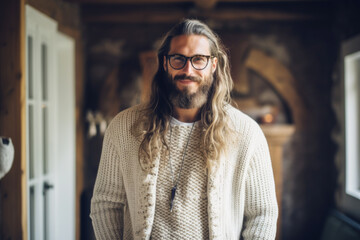 Wall Mural - Portrait of a handsome European male model wearing prescription glasses and Norwegian knitted cardigan