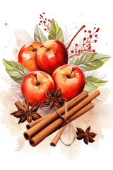 Poster - A beautiful painting showcasing a collection of apples and cinnamon sticks. This versatile image can be used in various contexts to add warmth and coziness.