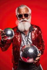 Poster - A man in a red jacket holding a disco ball. Perfect for parties and events