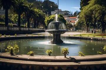 Canvas Print - A picture of a fountain in a park with palm trees in the background. This image can be used to depict a peaceful and serene outdoor setting