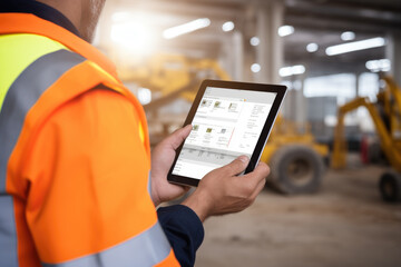 Construction worker holding tablet in hands at a construction site