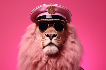 Poster - A lion wearing a hat and sunglasses on a pink background. Perfect for adding a fun and playful touch to any project