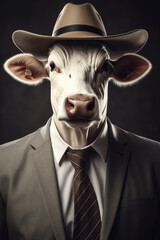 Canvas Print - A picture of a cow dressed in a suit and hat. This image can be used for various purposes.