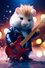 Sticker - A cute hamster wearing a leather jacket, strumming a guitar. Perfect for music lovers and animal enthusiasts.