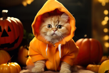 Wall Mural - A cute cat wearing a hoodie sitting among a group of pumpkins. Perfect for Halloween-themed designs and social media posts.