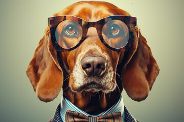 Poster - A picture of a dog wearing glasses and a bow tie. This image can be used to represent a stylish and sophisticated pet or to convey a sense of intelligence and professionalism.