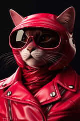 Poster - A stylish cat wearing a red leather jacket and sunglasses. Perfect for adding a touch of coolness to any project or design.