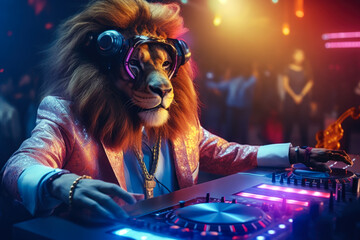 Sticker - A man dressed as a lion is seen playing a DJ set, creating a lively atmosphere. This image can be used to capture the energy and excitement of parties, music events, and costume parties.