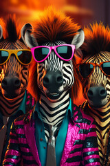 Poster - A group of zebras standing together while wearing sunglasses. Perfect for adding a touch of fun and humor to your designs