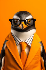 Poster - A penguin wearing a suit and glasses stands confidently on an orange background. This image can be used to depict professionalism, style, or a unique and playful character.