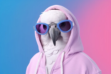 Aufkleber - A picture of a parrot wearing sunglasses and a pink hoodie. This image can be used to add a fun and trendy touch to various designs and projects.