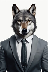Poster - A wolf dressed in a formal suit and tie, presenting a sophisticated and stylish image. Perfect for business, fashion, or animal-themed designs