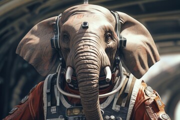 Poster - An image of an elephant wearing a space suit and listening to music through headphones. This picture can be used to represent a fun and whimsical concept of an elephant exploring outer space