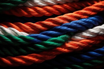 Poster - A close-up view of a bunch of multicolored ropes. This versatile image can be used to represent teamwork, diversity, or connections in various industries.