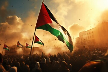 Poster - A vibrant image capturing a large crowd of people waving flags in the air. This picture can be used to depict unity, patriotism, celebration, or support for a cause.