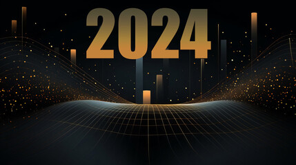 New Year 2024 on a stylish black background with wavy lines and dots. Stylish banner, hologram.