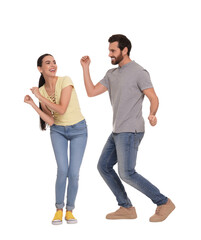 Canvas Print - Happy couple dancing together on white background