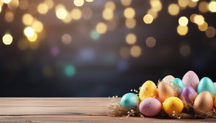 Wall Mural - Eggs painted on wooden table with blurred lights , easter concept