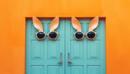 Wall Mural - Door with hares stylish interior furniture , easter concept