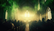 A church with parishioners and a magic green light , concept St.Patrick 's Day