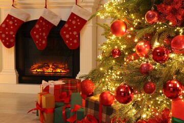 Poster - Many gift boxes under decorated Christmas tree and fireplace indoors