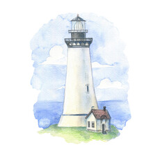 Watercolor Illustration Of A Black And White Lighthouse And Lighthouse Keeper's House Nearby. Lighthouse On A Bluff Overlooking The Ocean