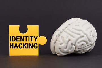 Poster - On a black surface there is a brain and a yellow puzzle with the inscription - Identity Hacking