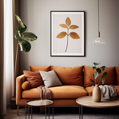 Wall Mural - 
Modern living room with brown couch and gold frames, in the style of minimalist still lifes, poster, minimalist pop, clean-lined, botanical impressions, light amber, industrial-inspired