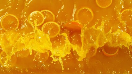 Fototapete - Orange slices splashing into juice, macro shot. Macro background. Filmed on a high-speed cinema camera at 1000 fps.