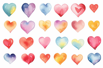 Wall Mural - Set of multicolored watercolor hearts isolated on white background.