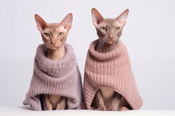 Two Sphynx cats in knitted woolen clothes sit next to each other