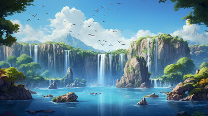 Wall Mural - waterfall in the park with bards flying 
