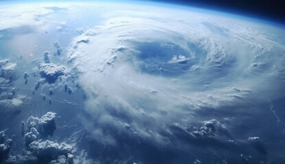 Poster - an aerial shot from space a hurricane shows an apocalypse on the earth and lightning toward the ground city. Apocalypse, Tornado, Hurricane, Disaster.