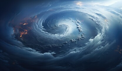 Poster - an aerial shot from space a hurricane shows an apocalypse on the earth and lightning toward the ground city. Apocalypse, Tornado, Hurricane, Disaster.