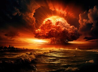 Poster - Radioactive Nuclear Explosion in the Ocean Clouds vapourize the yellow sky and a big fog of radioactive particles in the air and big shock waves. Nuke Bomb. Radioactive bomb blast. World War III.
