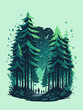 A pine forest landscape ,magic, t-shirt design, vibrant pale green colors