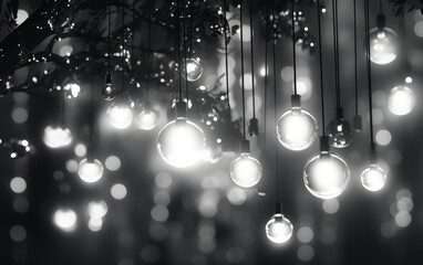Poster - Merry Christmas bulb lights in retro theme, close up, black white bulb decoration 