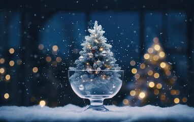 Poster - Christmas snow tree in the glass on a large table on the blur abstract background, Christmas tree in glass background