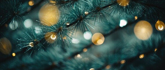 Poster - Christmas tree decorations close up in cyan color background