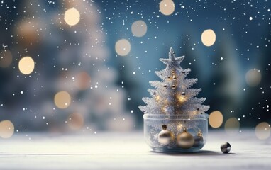 Poster - White Christmas tree in a glass bowl in snow with close up background, Christmas tree in glass ball background