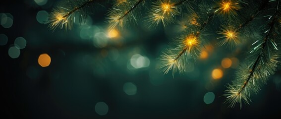 Poster - tree branches with balls and close-up bokeh abstract Christmas background