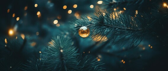 Poster - Christmas tree branches and tree leaves with golden ball decorations with blurred background, close up, Christmas and Happy New Year background
