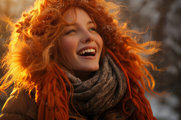 portrait of a beautiful woman in winter, bright sunny day and snow