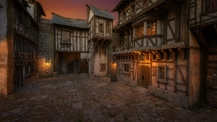 Aufkleber - Cobbled street in a medieval fantasy town in evening light. 3D rendering.