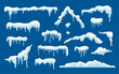 Snow caps, snowballs and frozen icicles of house roof, realistic icons isolated on blue background. Winter snow caps and frost icicles for Christmas and New Year design.
