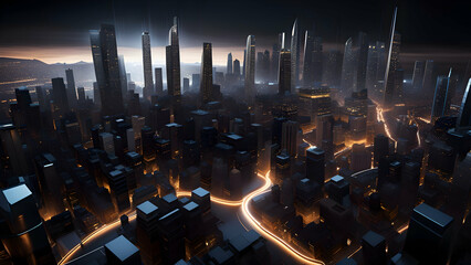 Wall Mural - Futuristic city at night with neon lights. 