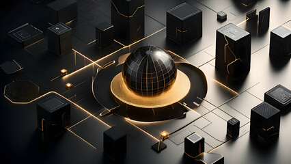Wall Mural - Abstract technology concept with globe and black cubes.