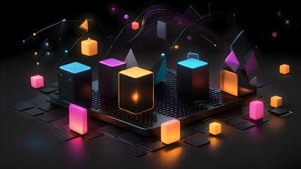 Wall Mural - 3d isometric city with glowing cubes on dark background.