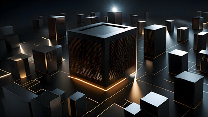 Wall Mural - 3d illustration of a futuristic city with glowing lights and black cubes