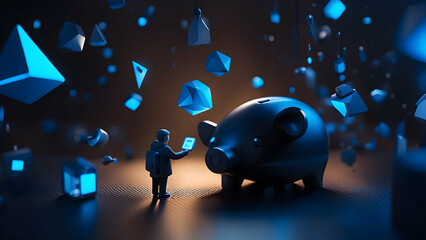 Wall Mural - Piggy bank and a businessman on a dark background.